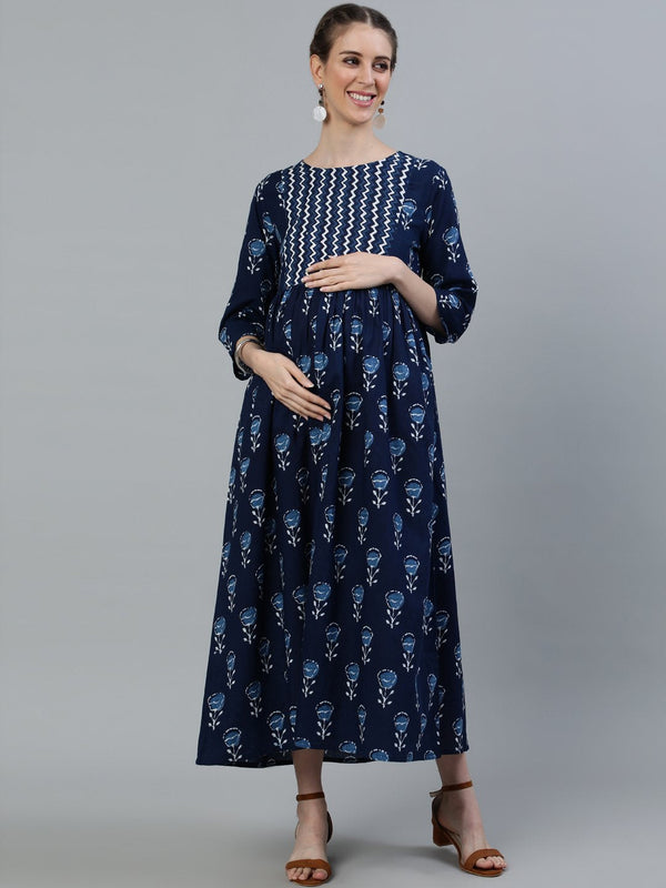 Women's Blue Indigo Printed Flared Maternity Dress With Three Quarters Sleeves - Nayo Clothing