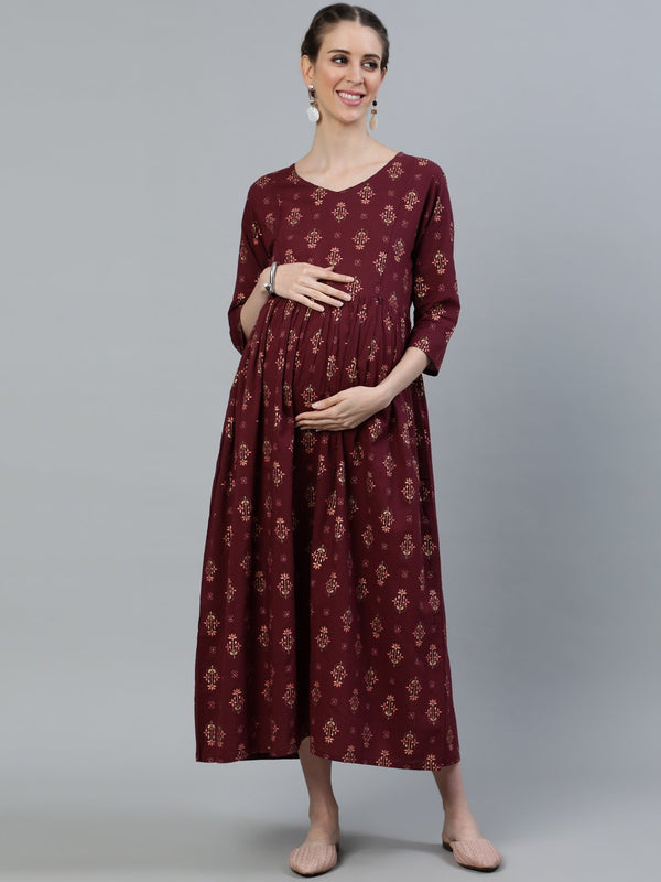 Women's Maroon Printed Flared Maternity Dress With Three Quarters Sleeves & Belt - Nayo Clothing