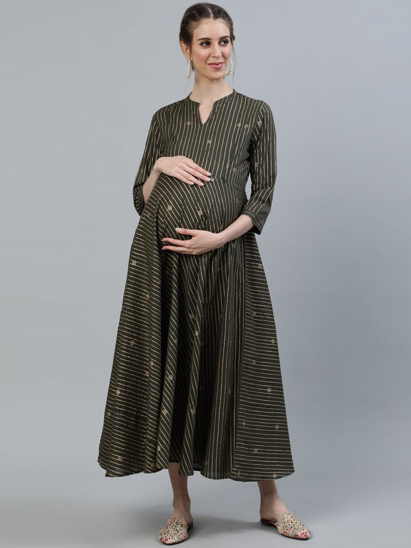 Women's Grey & Off-White Printed Maternity Dress With Three Quarter Sleeves - Nayo Clothing