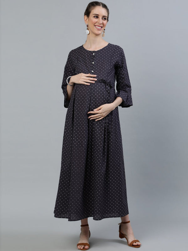 Women's Taupe Polka Dots Maternity Dress With Belt - Nayo Clothing