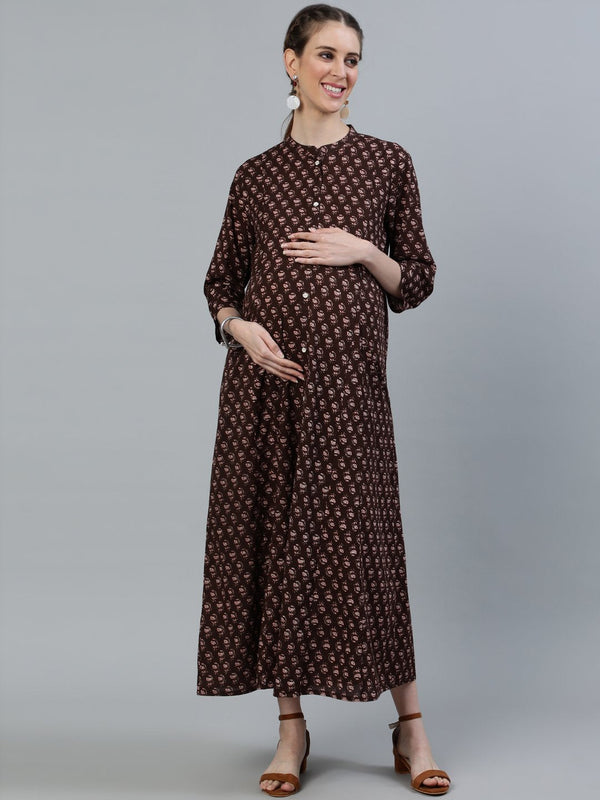 Women's Brown Printed Maternity Dress With Three Quarter Sleeves - Nayo Clothing