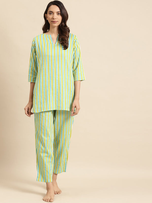 Women's Light Green Striped Night Suit - Nayo Clothing