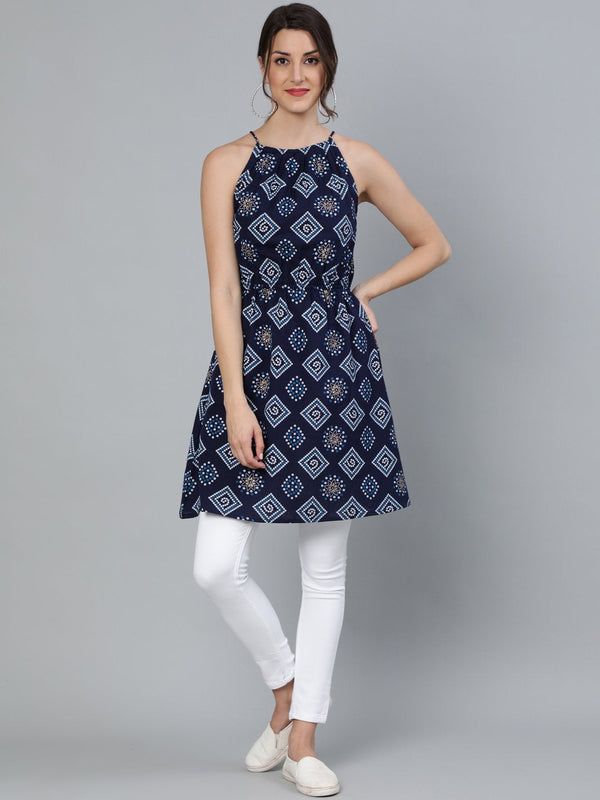 Women's Navy Blue Bandhani Printed Halter Neck Short Kurti - Nayo Clothing