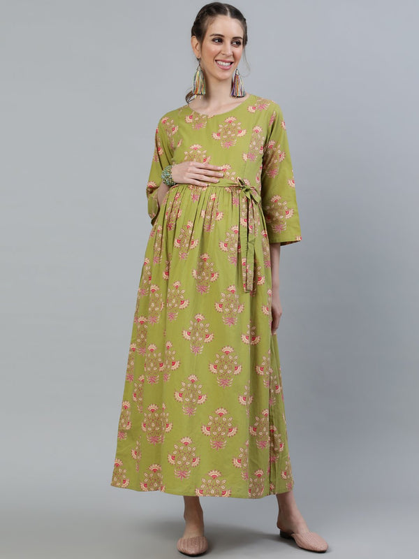 Women's Green Printed Maternity Dress With Three Quarter Sleeves - Nayo Clothing