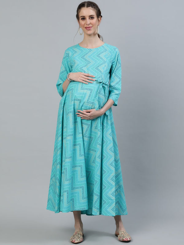 Women's Blue Printed Maternity Dress With Three Quarter Sleeves - Nayo Clothing