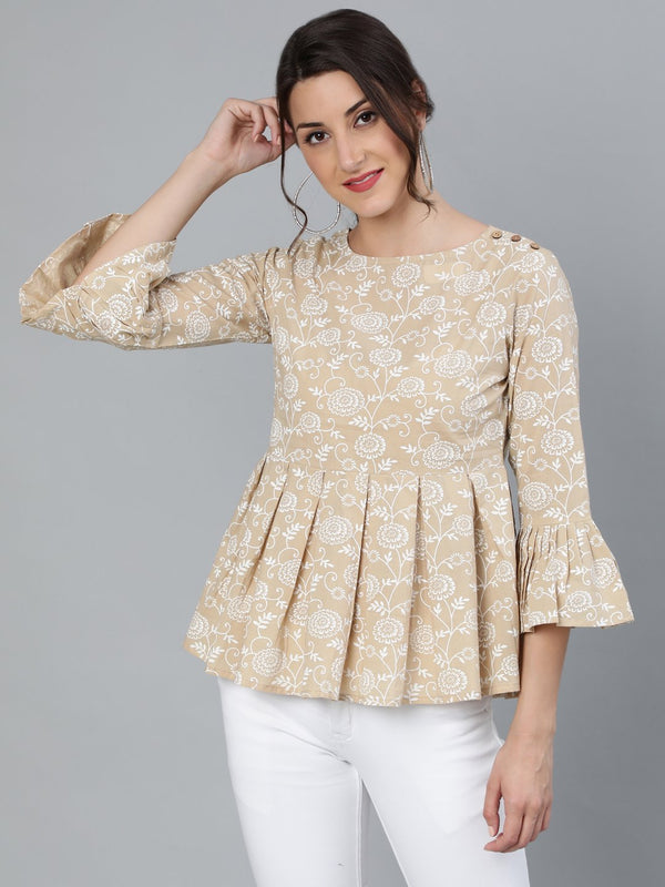 Women's Womenbeige & Off-White Floral Printed Top With Round Neck & Three Quarter Sleeves - Nayo Clothing