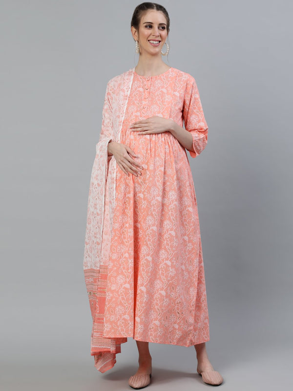 Women's Peach & Gold Printed Maternity Dress With Three Quarter Sleeves & Dupatta - Nayo Clothing