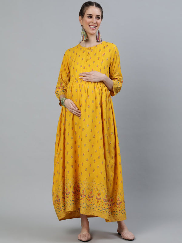 Women's Yellow & Gold Printed Maternity Dress With Three Quarter Sleeves - Nayo Clothing