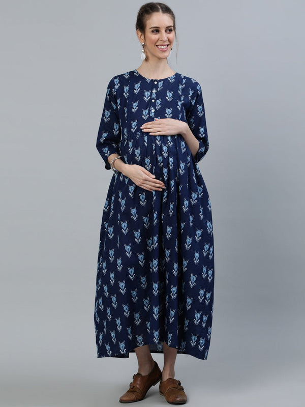 Women's Blue Indigo Printed Maternity Dress With Three Quarter Sleeves - Nayo Clothing