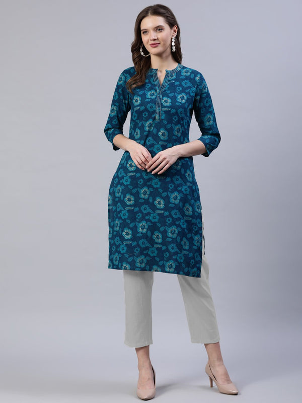 Women's Green Straight Kurti With Three Quarter Sleeves - Nayo Clothing