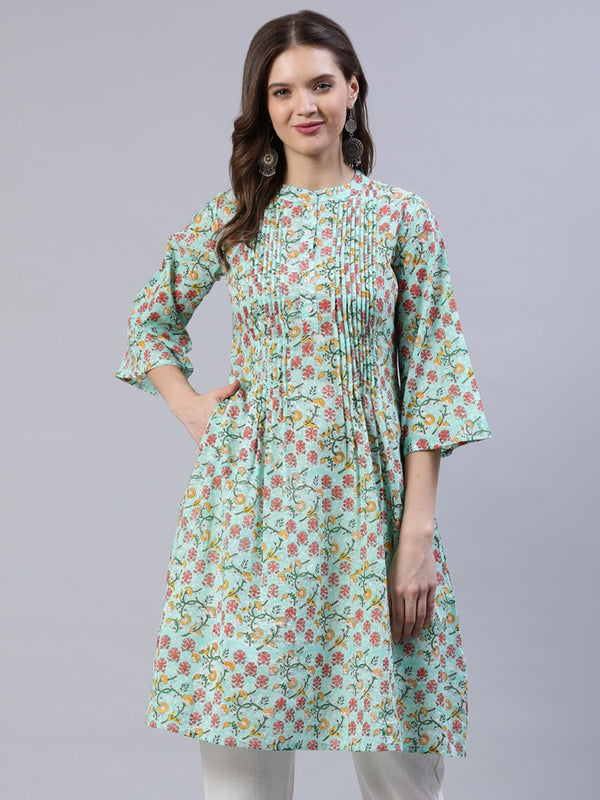 Women's Green Pleated A-Line Kurta With Three Quarter Sleeves - Nayo Clothing