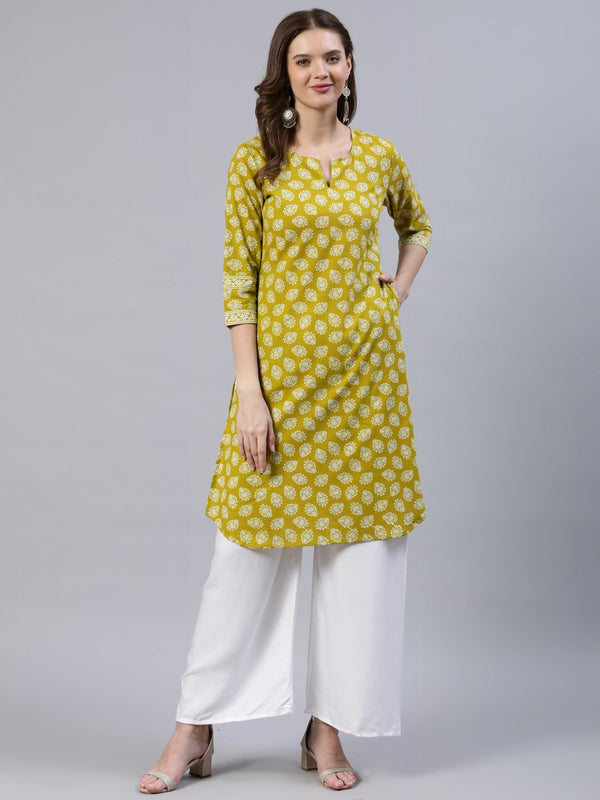 Women's Green Printed Straight Kurta With Three Quarter Sleeves - Nayo Clothing