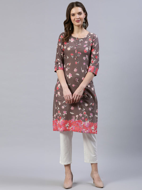 Women's Taupe Printed Straight Kurta With Three Quarter Sleeves - Nayo Clothing