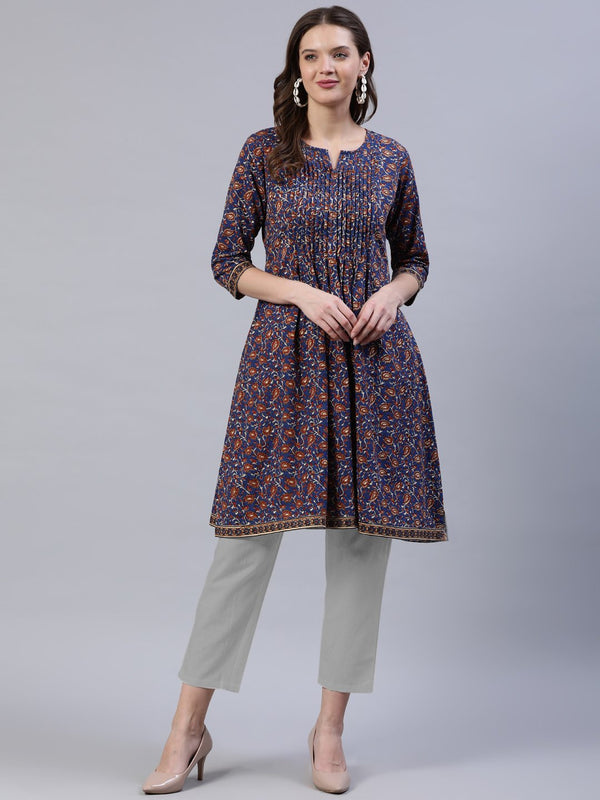 Women's Blue Printed A-Line Pleated Kurta With Three Quarter Sleeves - Nayo Clothing