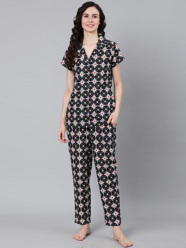 Women's Navy Blue Printed Night Suit - Nayo Clothing