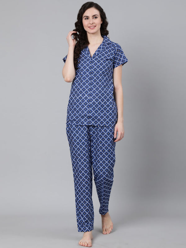 Women's Blue Printed Night Suit - Nayo Clothing