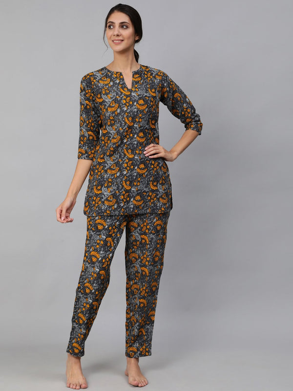 Women's Grey Printed Night Suit Set - Nayo Clothing