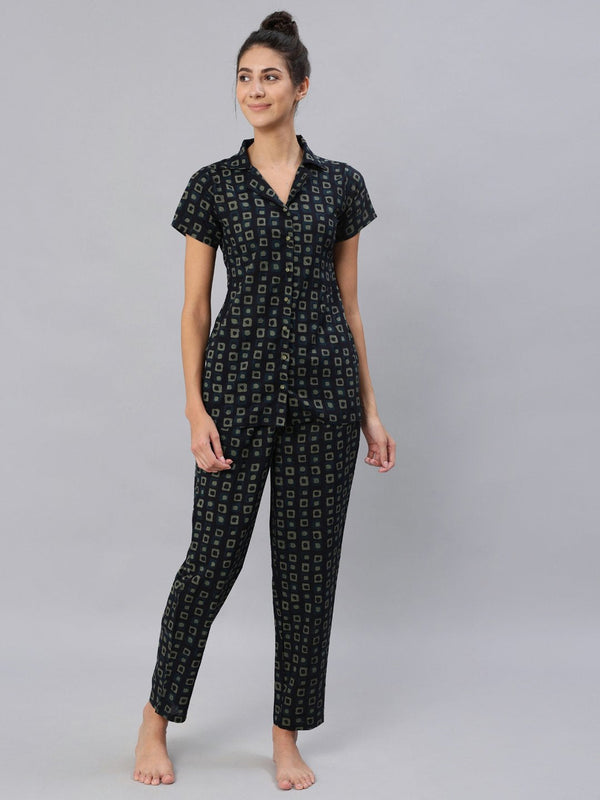 Women's Dark Green Printed Night Suit Set - Nayo Clothing