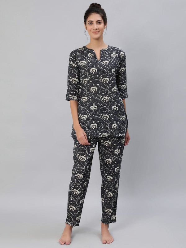 Women's Grey Floral Printed Night Suit Set - Nayo Clothing