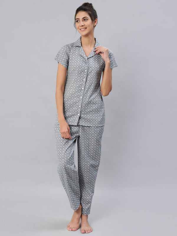 Women's Grey Printed Night Suit Set - Nayo Clothing