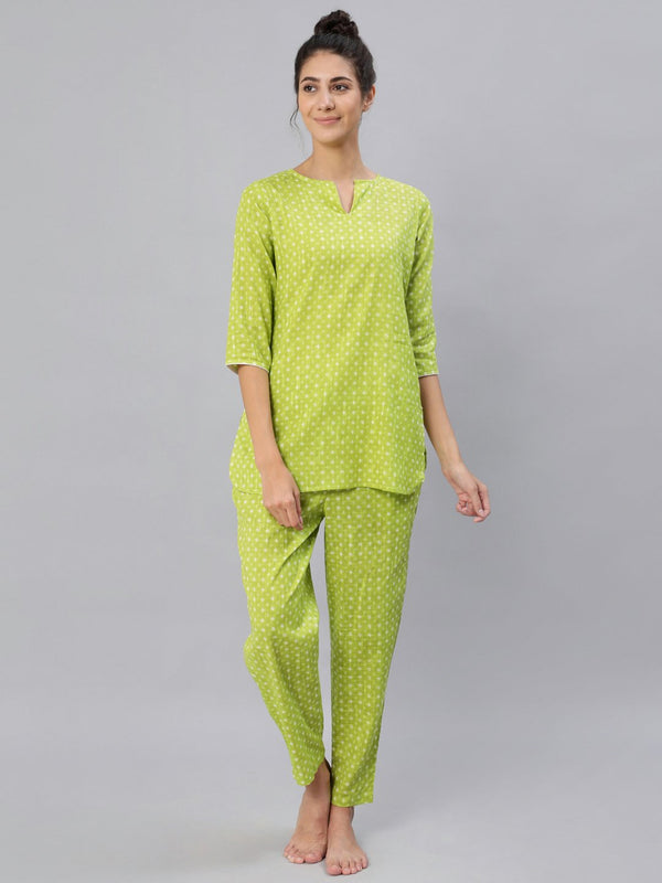 Women's Green Printed Night Suit Set - Nayo Clothing