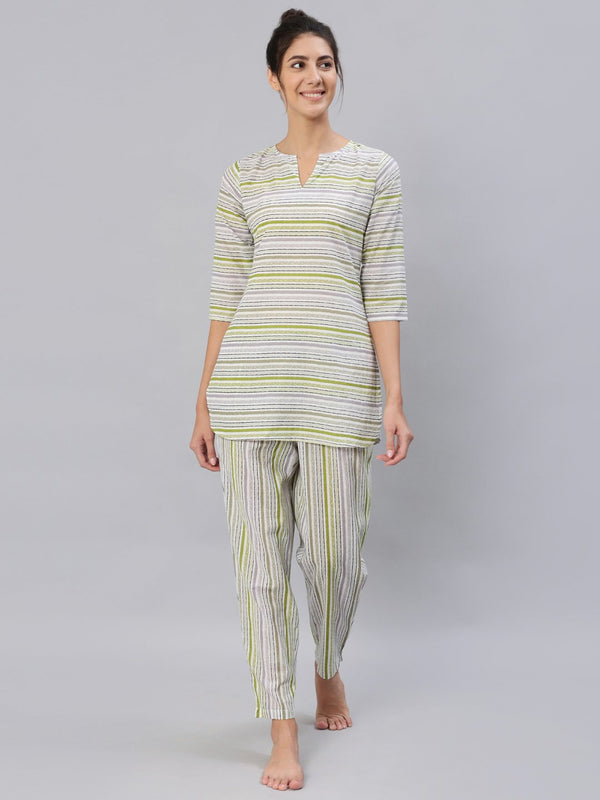 Women's Green & Grey Striped Night Suit Set - Nayo Clothing