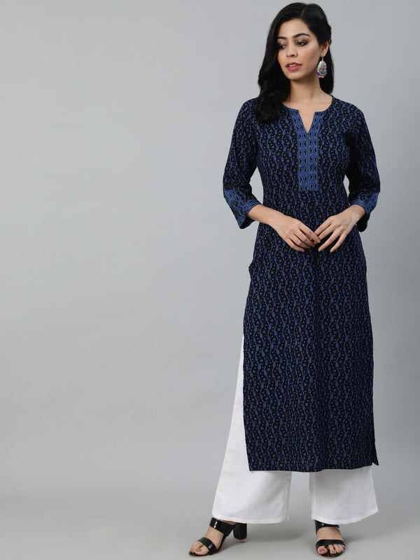 Women's Black Printed Straight Kurta With Three Quarter Sleeves - Nayo Clothing