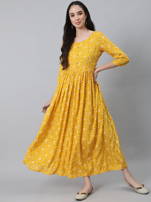 Women's Yellow Ethnic Printed Flared Dress With Three Quarter Sleeves - Nayo Clothing