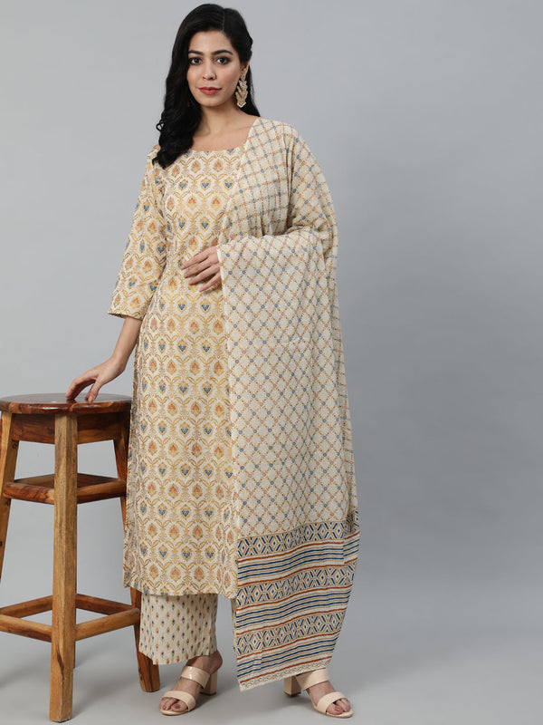 Women's Cream & Gold Printed Straight Kurta With Plazo & Dupatta - Taantav