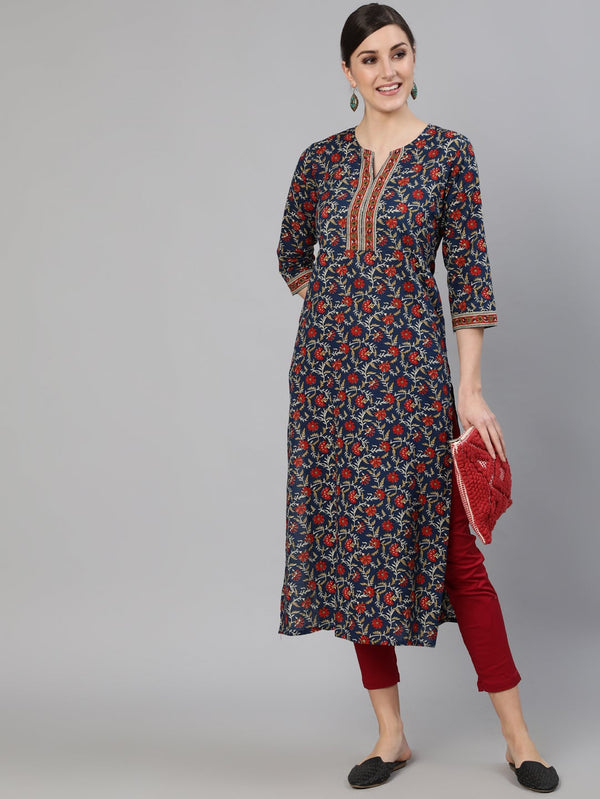 Women's Blue Printed Straight Kurta With Three Quarter Sleeves - Nayo Clothing