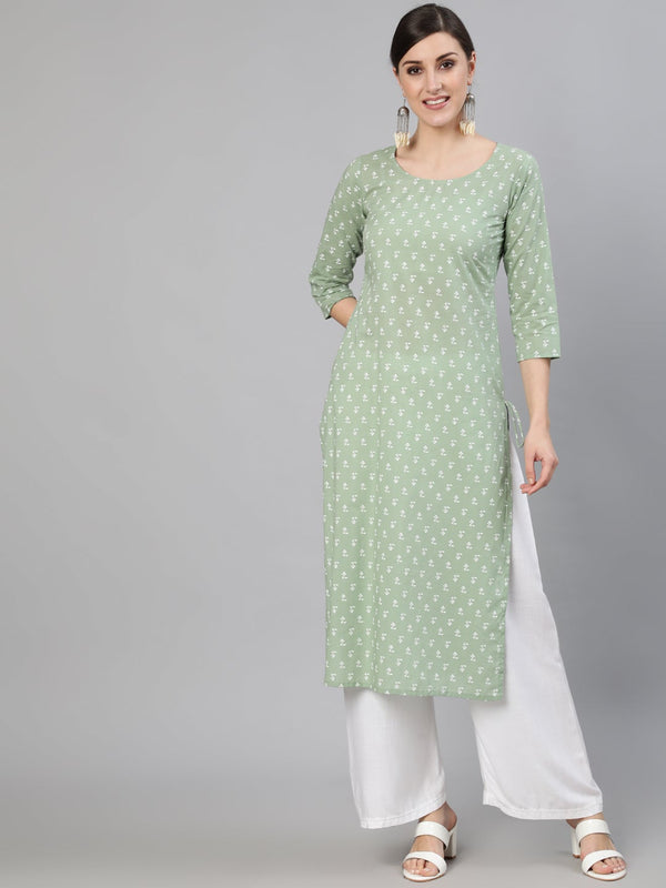 Women's Sage Green Printed Straight Kurta With Three Quarter Sleevs - Nayo Clothing