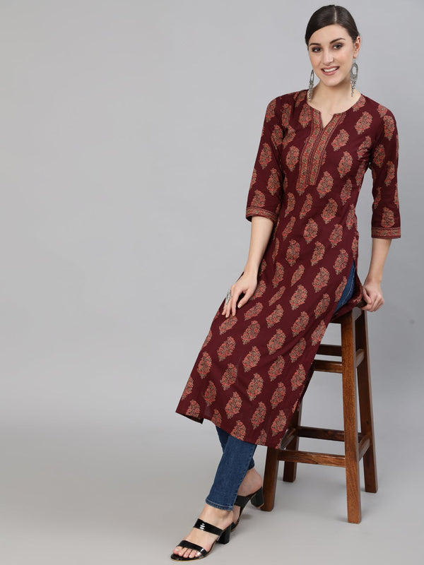 Women's Burgundy Ethnic Printed Straight Kurta With Three Quarter Sleeves - Nayo Clothing