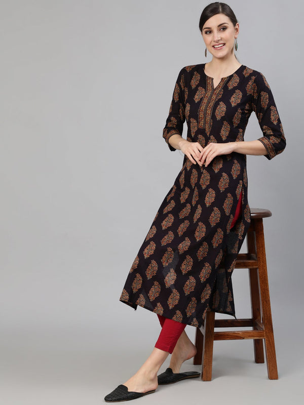 Women's Black Ethnic Printed Straight Kurta With Three Quarter Sleeves - Nayo Clothing