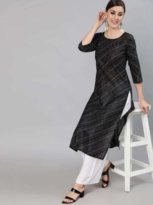 Women's Black Bandhani Printed Kurta With Round Neck - Nayo Clothing