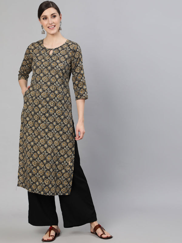 Women's Black Abstract Printed Straight Kurta With Three Quarter Sleeves - Nayo Clothing