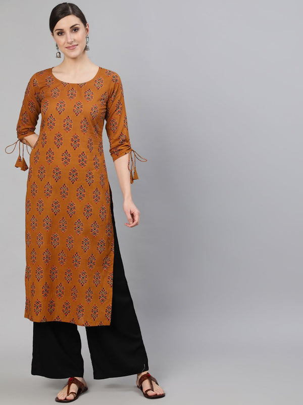 Women's Mustard Ethnic Motifs Printed Straight Kurta With Tassel Detail - Nayo Clothing