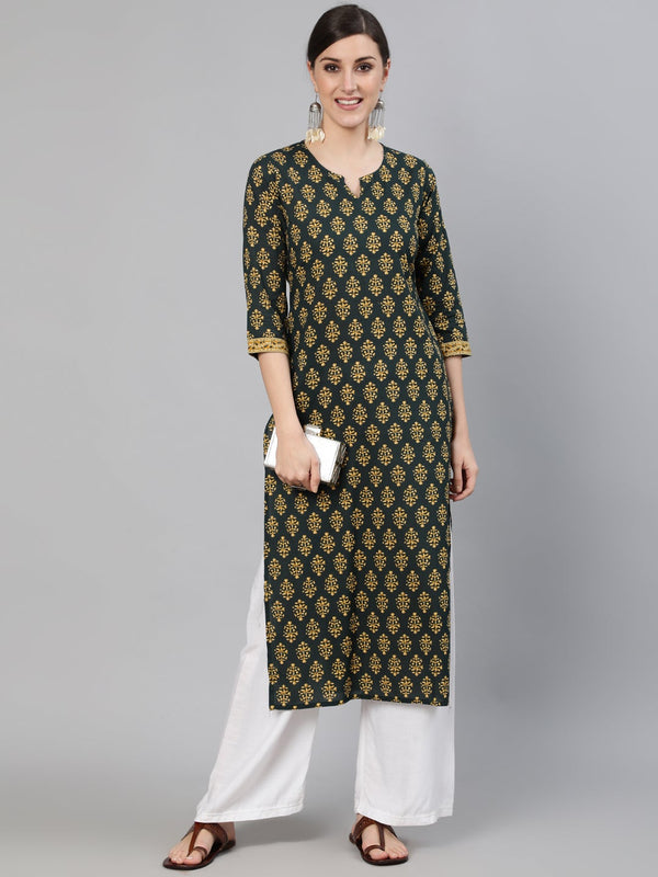 Women's Green Ethnic Printed Straight Kurta With Three Quarter Sleeves - Nayo Clothing