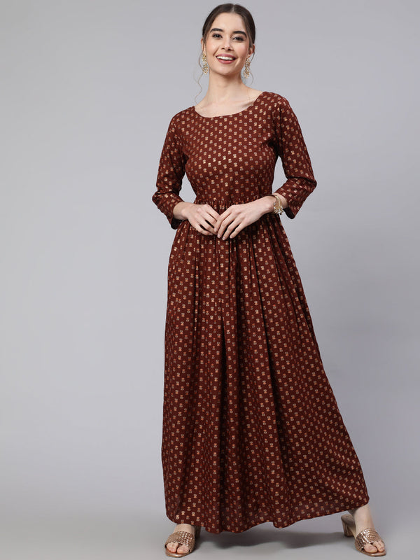 Women's Wome Brown Printed Flared Dress With Three quarter Sleeves - Nayo Clothing