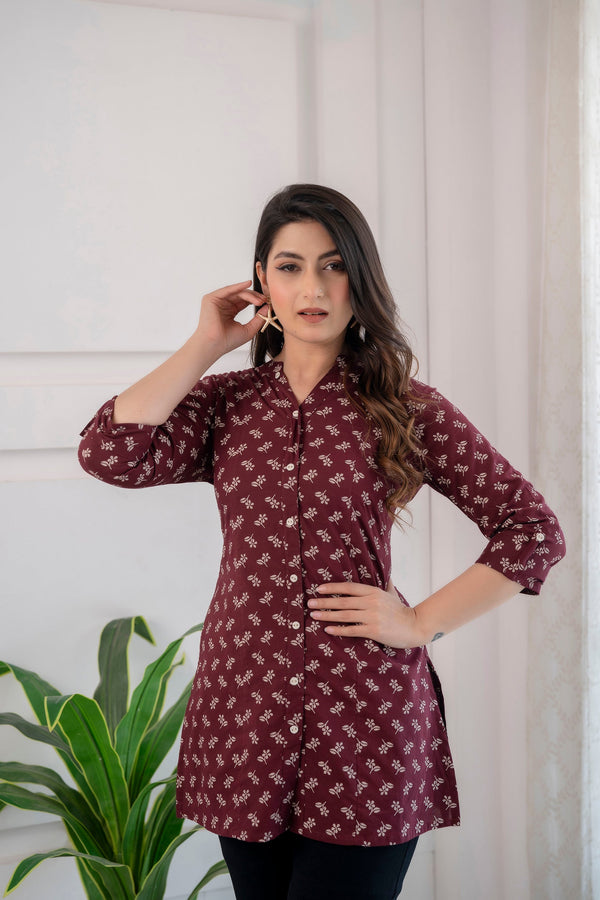 Women's Burgundy Printed Straight Tunic With Three Quarter Sleeves - Taantav