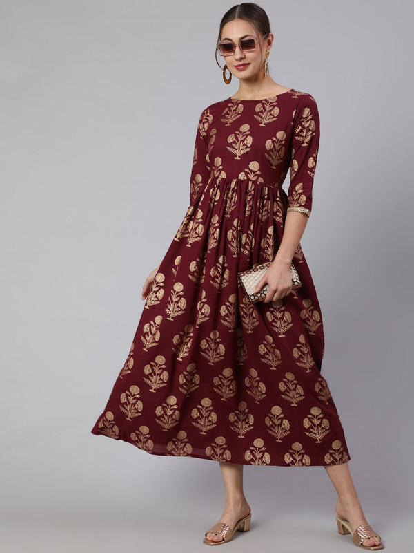 Women's Wome Burgundy Printed Flared Dress With Three quarter Sleeves - Nayo Clothing