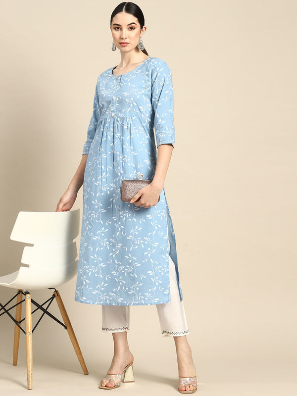 Women's Wome Blue Printed Flared Kurta With Three quarter Sleeves - Nayo Clothing