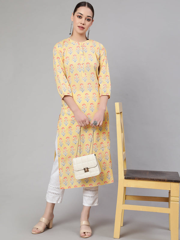 Women's Yellow Straight Kurta With Three Quarter Sleeves - Nayo Clothing