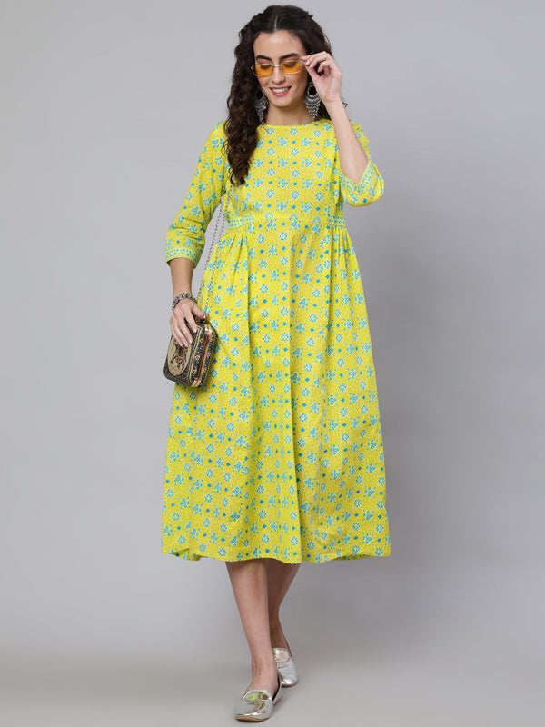 Women's Wome Yellow Ethnic Printed Flared Dress With Three Quarter sleeves - Nayo Clothing