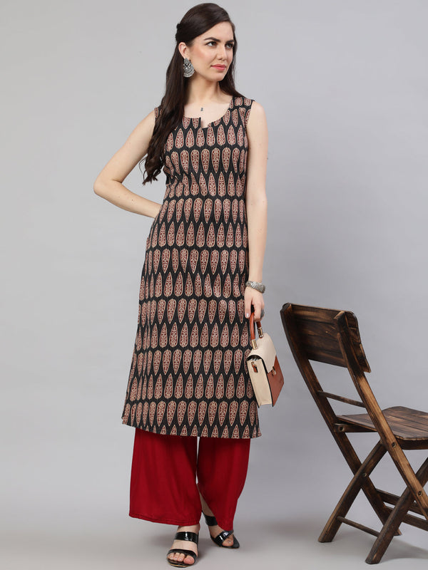 Women's Wome Black Printed Straight Sleeveless Kurta - Nayo Clothing