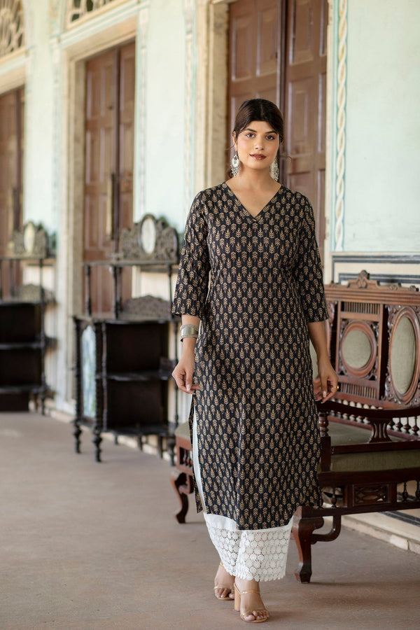 Women's Black Ethnic Printed Straight Kurta with Three Quarter Sleeves - Taantav