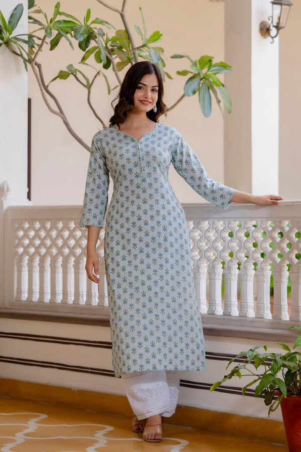 Women's Green Ethnic Printed Straight Kurta with Three Quarter Sleeves - Taantav