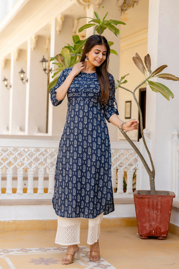 Women's Navy Blue Printed Straight Kurta with Three Quarter Sleeves - Taantav