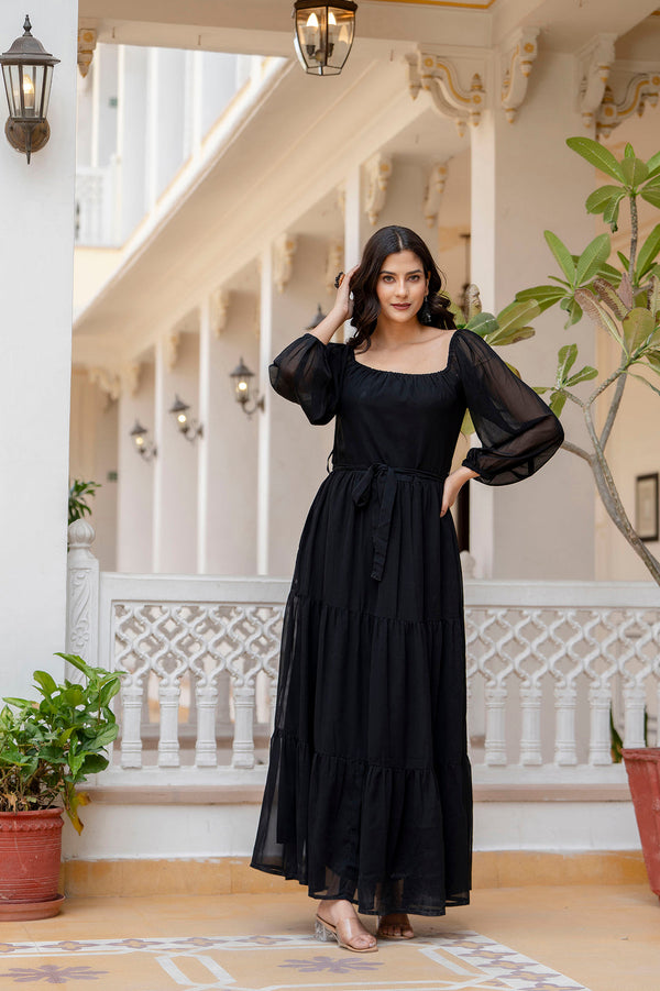 Women's Black Georgette Flared Dress - Taantav