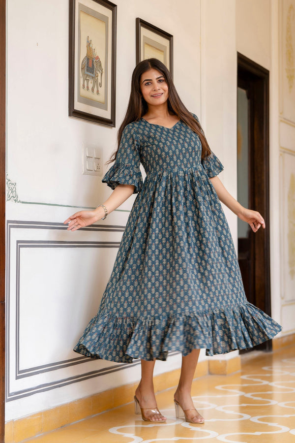 Women's Teal Ethnic Printed Flared Dress - Taantav