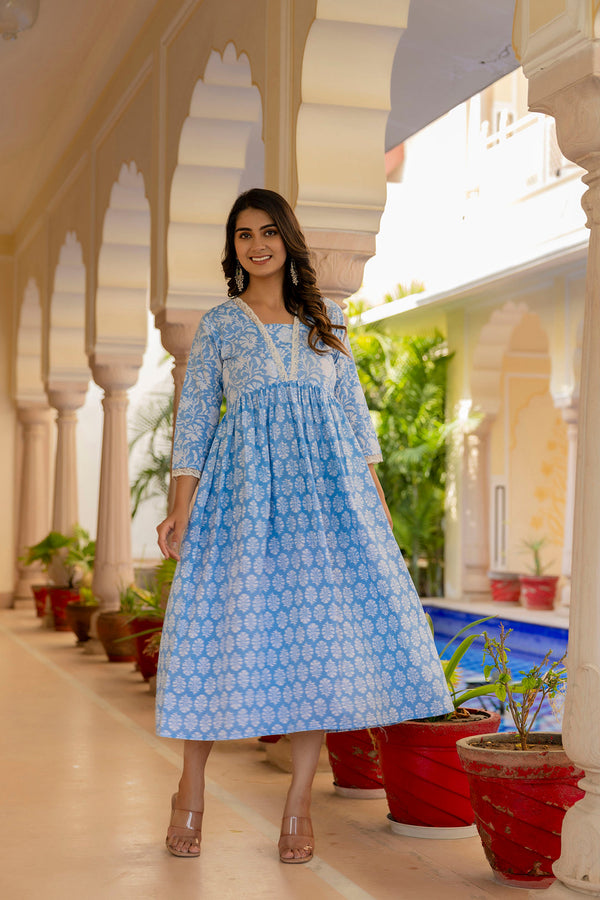 Women's Blue Ethnic Printed Flared Dress - Taantav